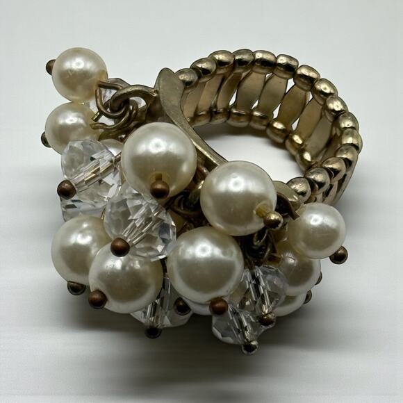 Vintage Cha Cha Ring Faux Pearl Crystal Cluster Bouquet Stretch Cocktail - Picture 4 of 6
